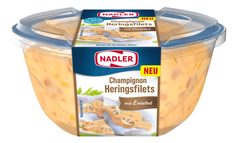 Becher mit Nadler Champignon-Heringsfilets in Sahnesauce als neue Fischfeinkost